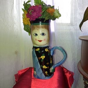 Vintage Mug Tall lady Painted on it Blue Black Green Yellow Brown White Tan Red